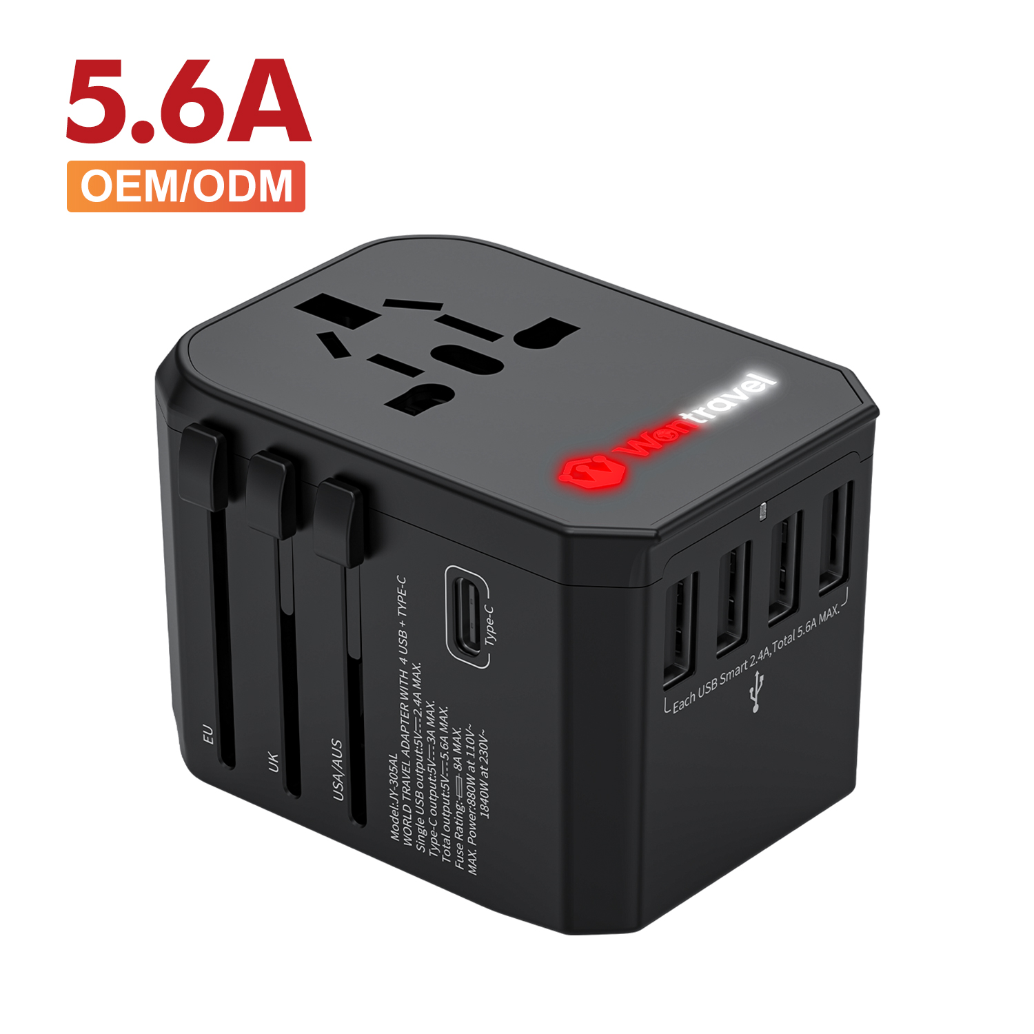 Wontravel Hot Sales Luminous Logo Universal Adaptor Travel International World Travel Adapter with USB C