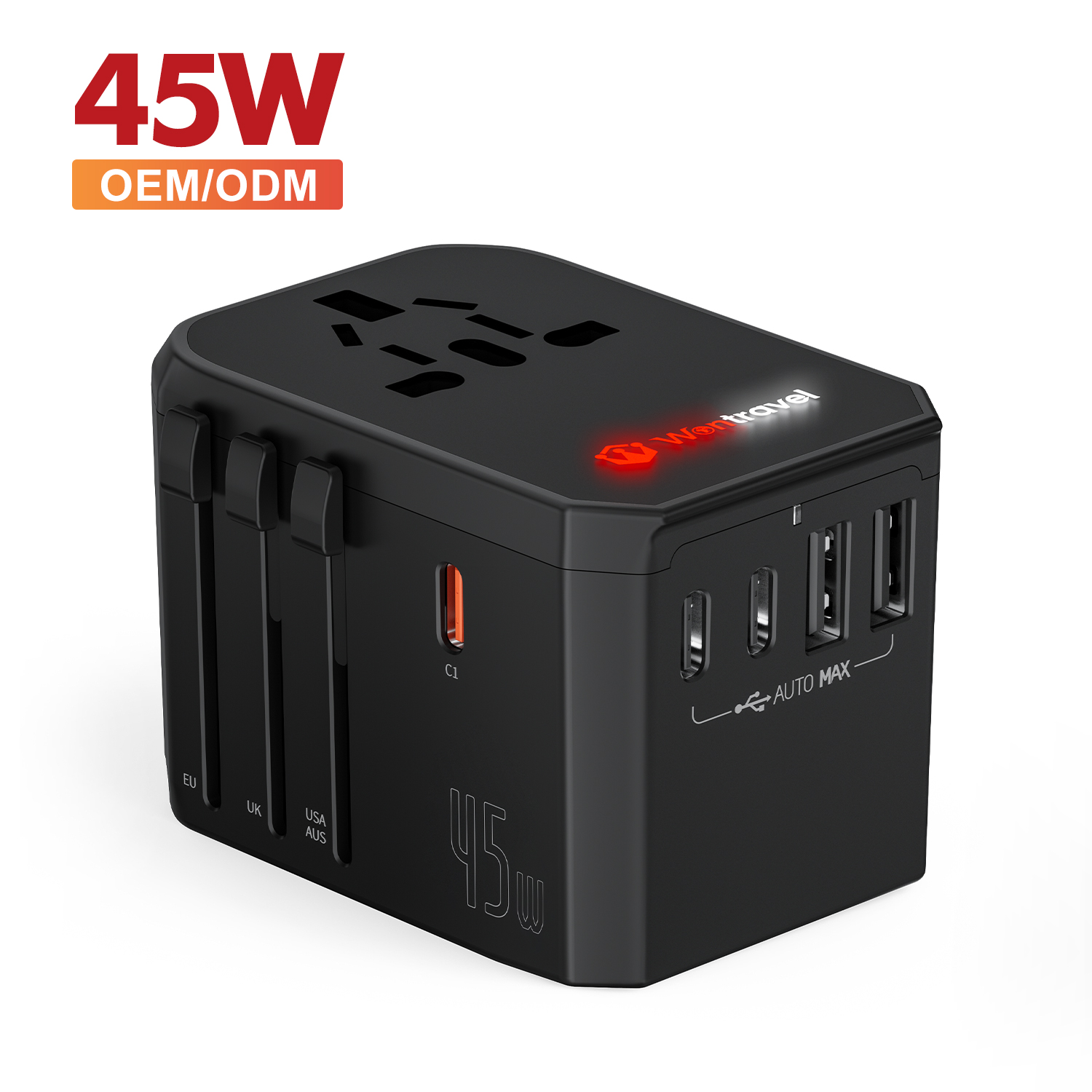 Wontravel 35W 45W PD Type-C Fast Charging Custom Luminous Logo Global Converter Electrical Plug Universal Travel Adapter