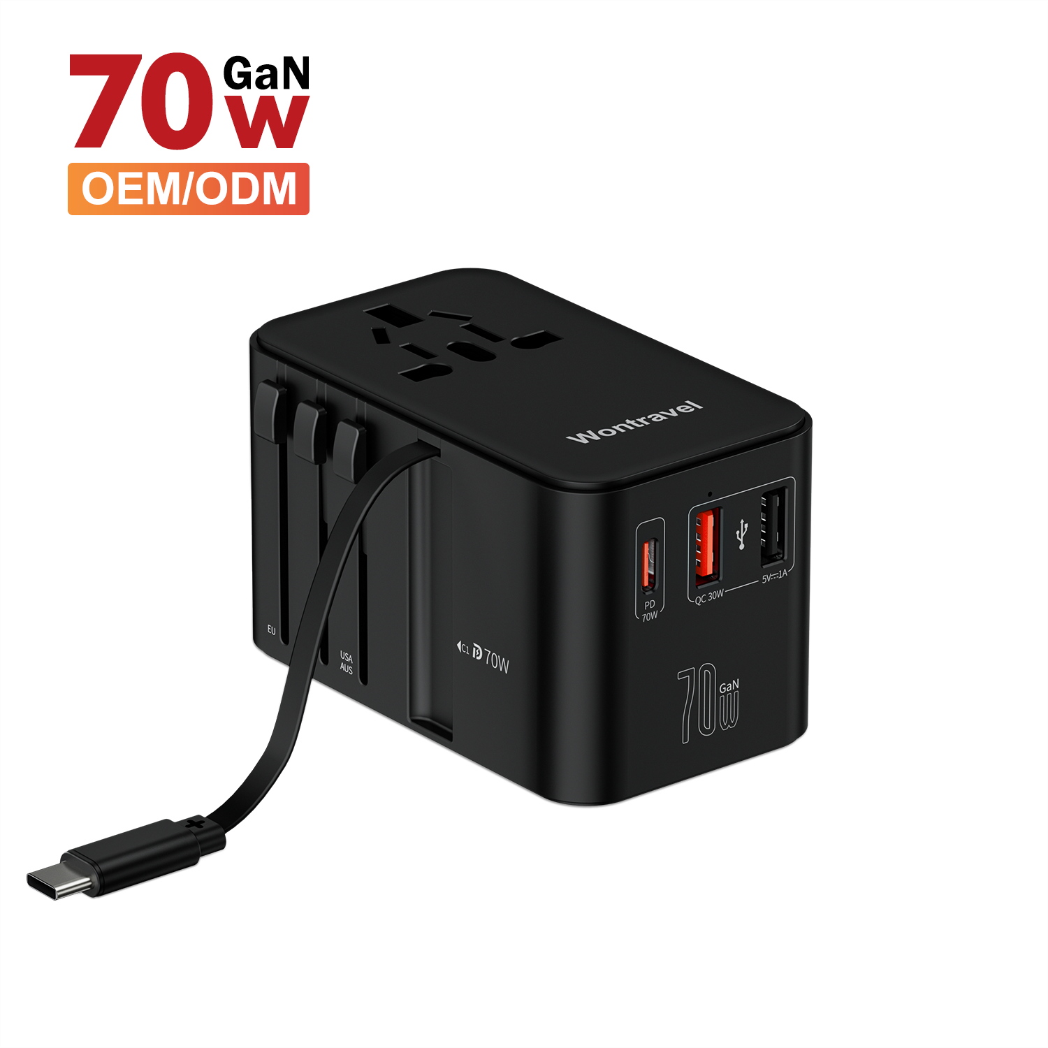 Wontravel New Universal Adapter Fast Charger Type C Built-in Retractable Cable 70W GaN Universal Travel Adapter