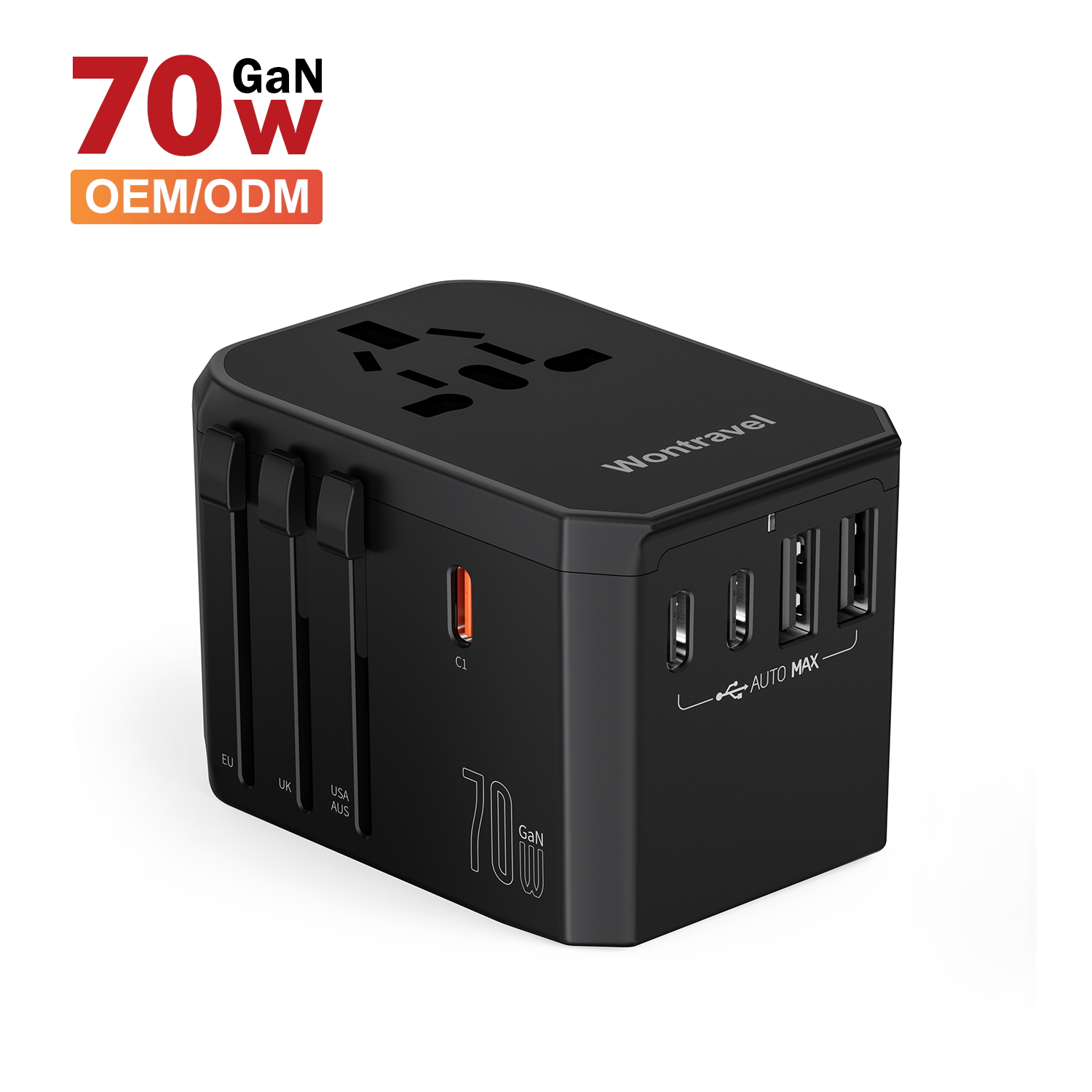 Wontravel 70W GaN Worldwide Travel Adapter 2 USB 3 Type C International Fast Charging Universal Travel Adapter