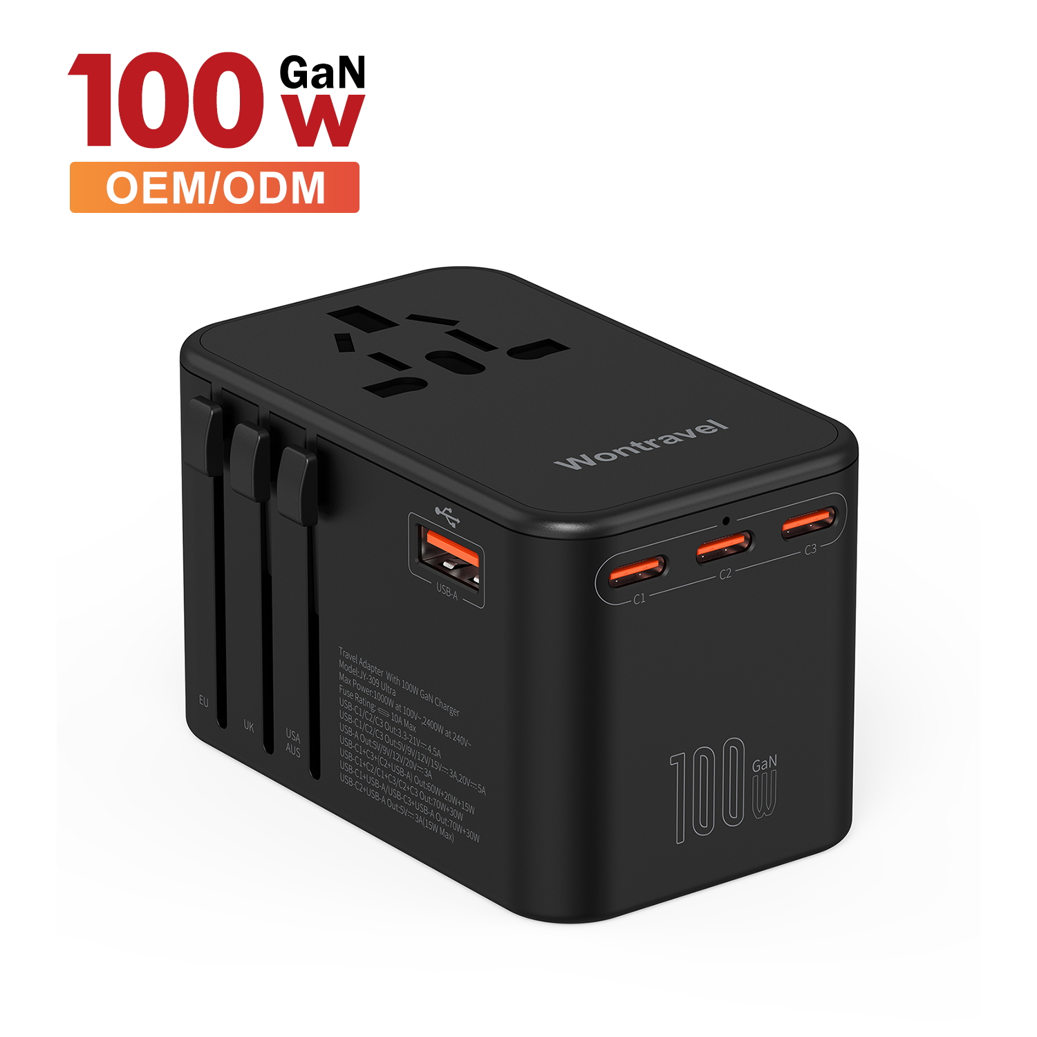 Wontravel 100W GaN PD Power Adapter Travel Quick Charger International Universal Travel Adapter Type-c for Laptop