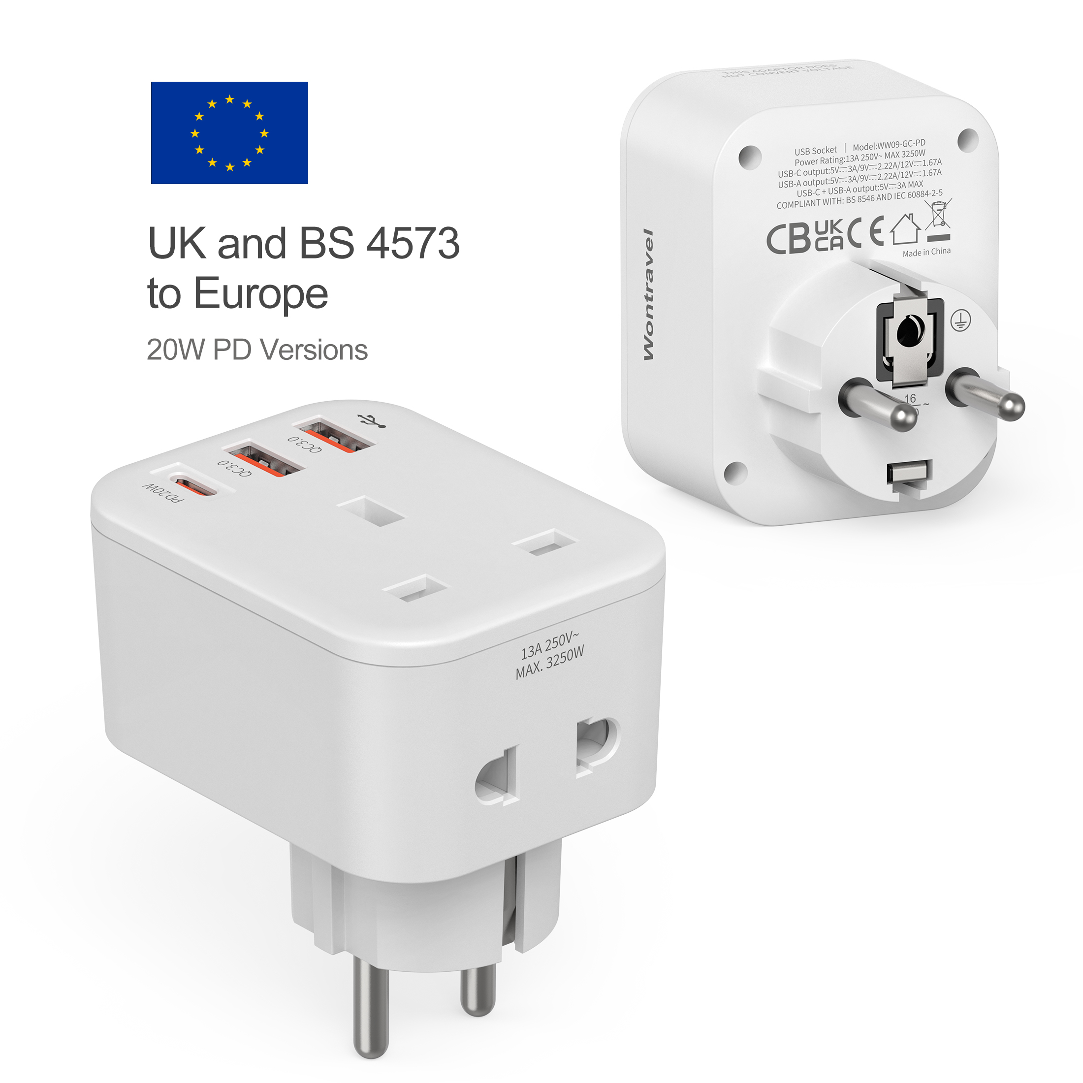 Wontravel Newest 20W PD 2 Hole Extension Socket EU US UK Uk Charger Wall Socket Usb and Type c