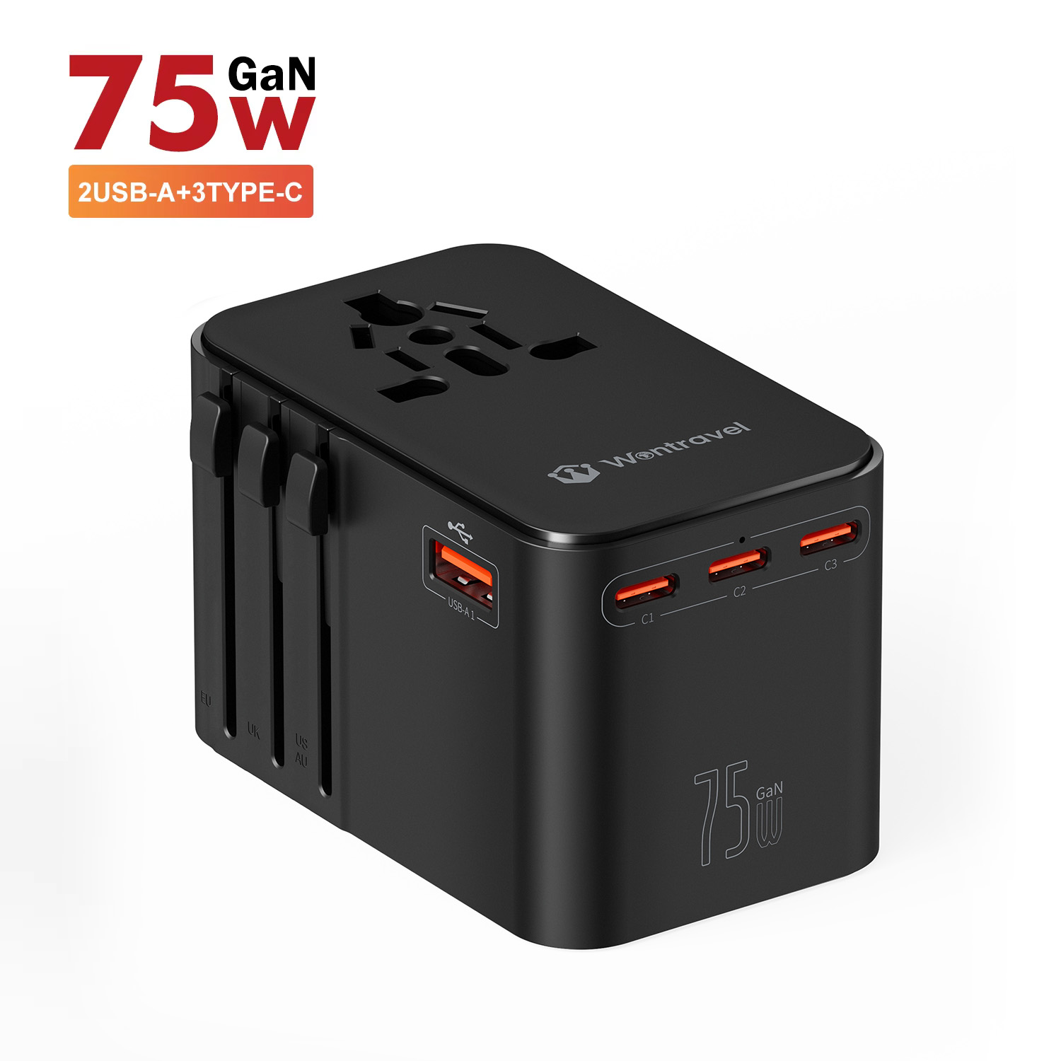 Wontravel 75W Type-C Fast Charging GaN Wall Charger 6 Ports Travel Adaptor International Universal Travel Adapter