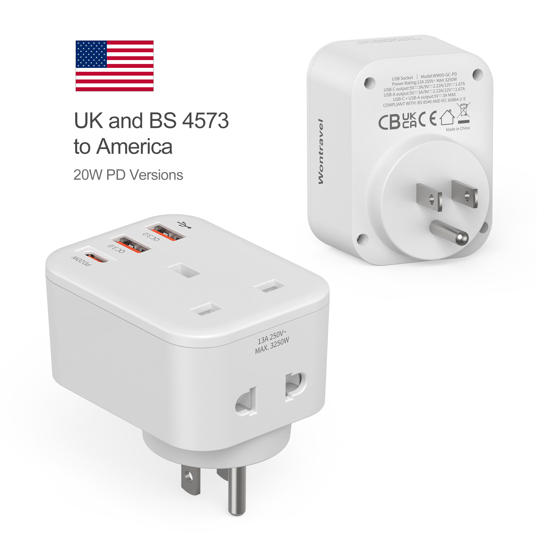 Wontravel Newest 20W PD 2 Hole Extension Socket EU US UK Uk Charger Wall Socket Usb and Type c