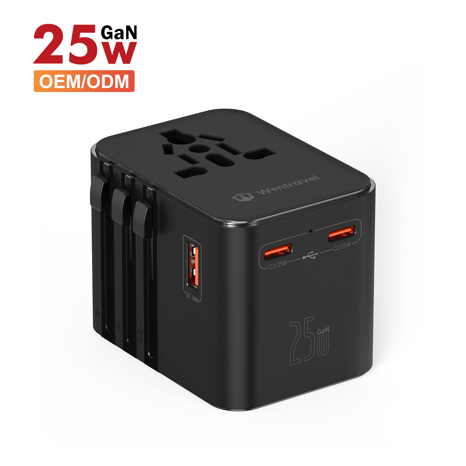 Wontravel 25W Fast Charging Travel Adapter Multi-Plug Universal All-in-One with 2 USB Output Ports Universal Adaptor for USB C