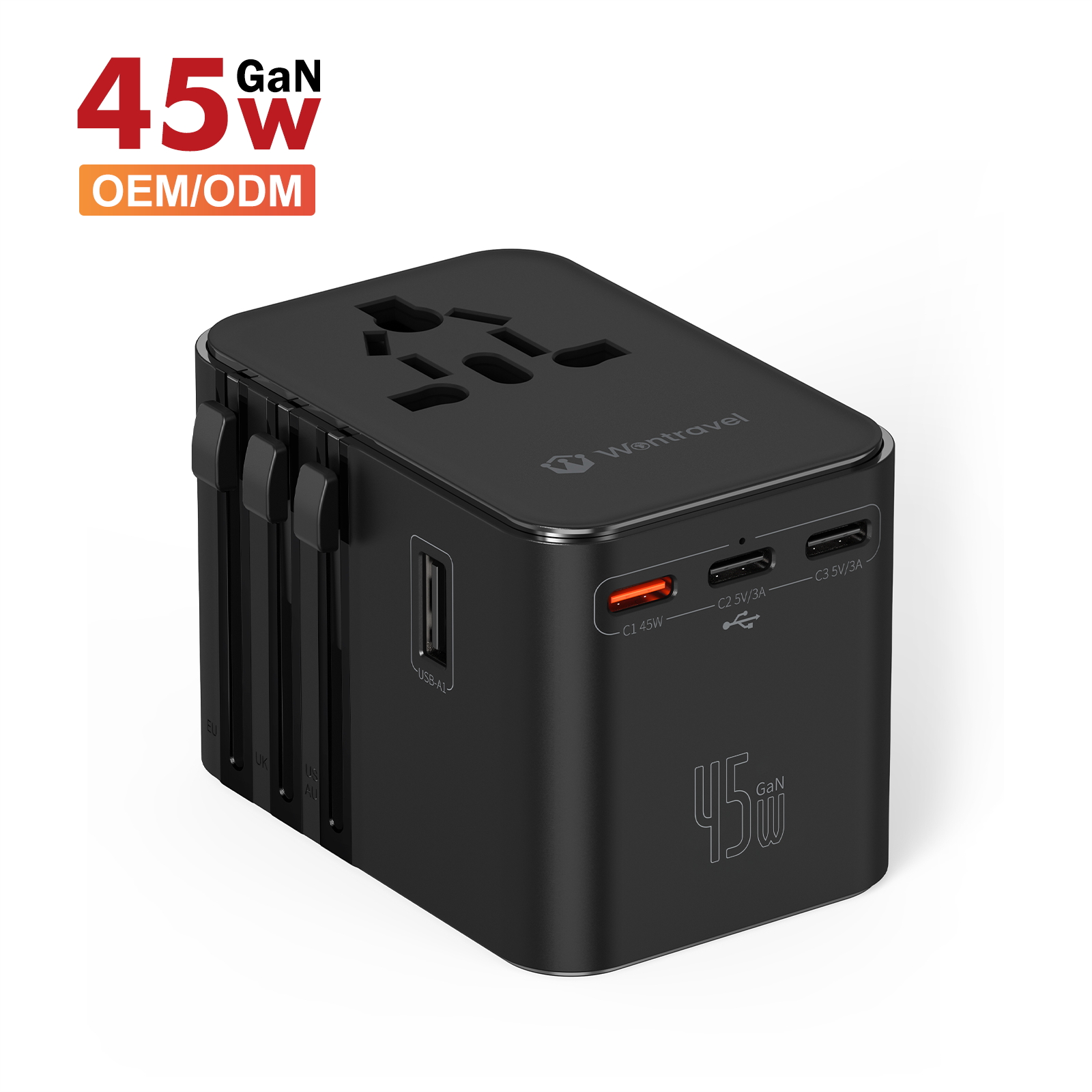 Wontravel 45W Type C GaN Multi Plug Socket Worldwide Power Adaptor International Portable Universal Travel Adapter with Four Usb