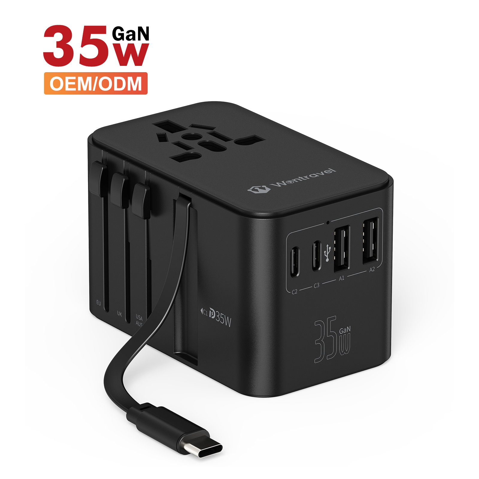 Wontravel 35W PD Quick Charge GaN Universal Travel Adapter All-in-One International Plug Adaptor Charger with Cable
