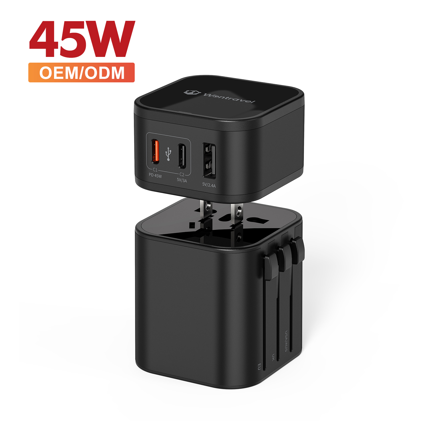 Wontravel Newest Luminous Logo Fast Charging Worldplug Universal Travel Adapter Worldwide 45W All in One
