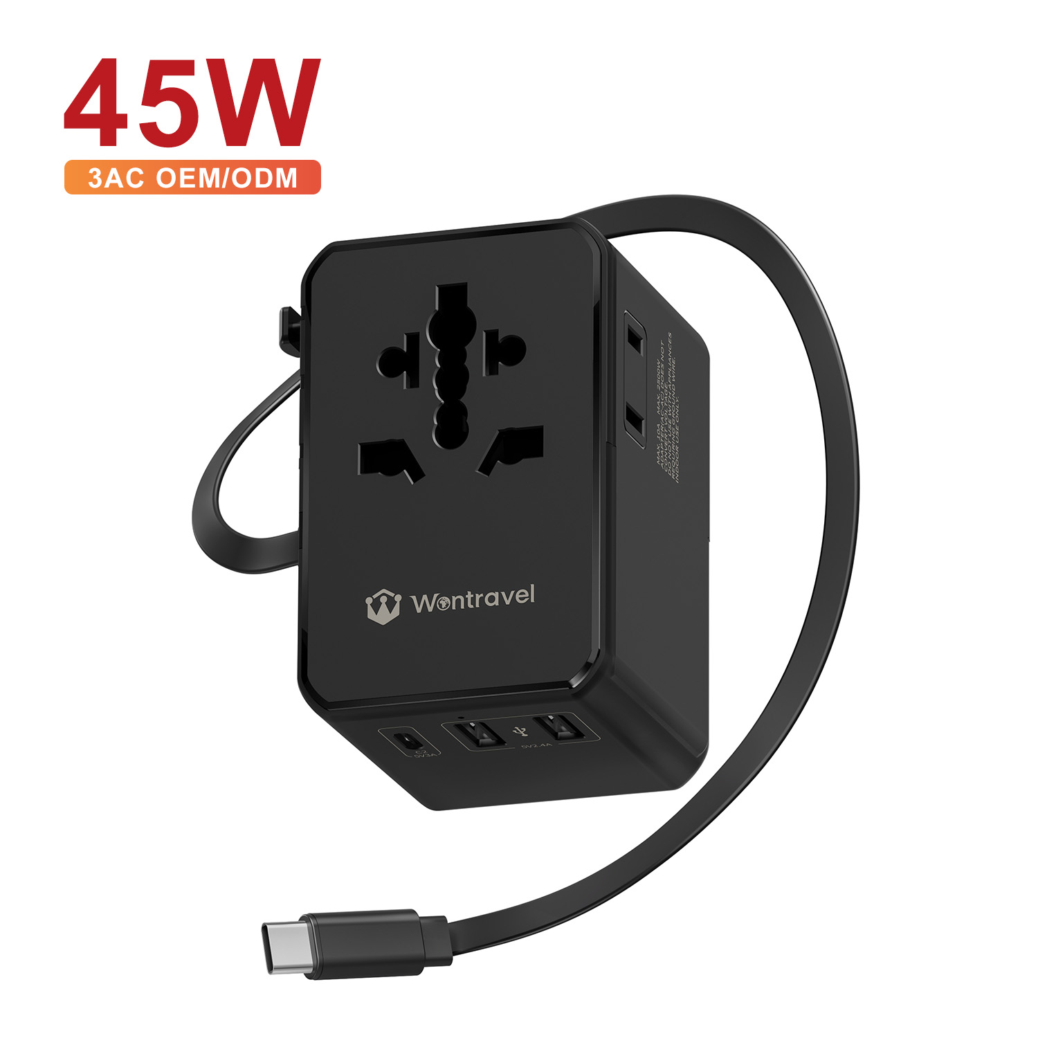 Wontravel 3AC Socket 45W PD Type C Fast Charging All in One Global Universal Travel Adapter with Retractable Cable