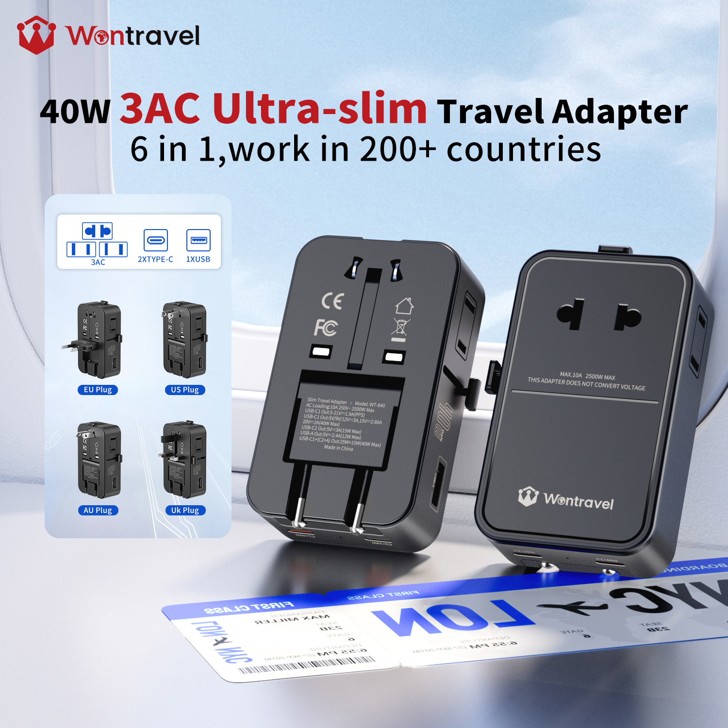 Wontravel 40W GaN Slim 3AC Charger Fast Quick Portable Foldable Universal Travel Adapter