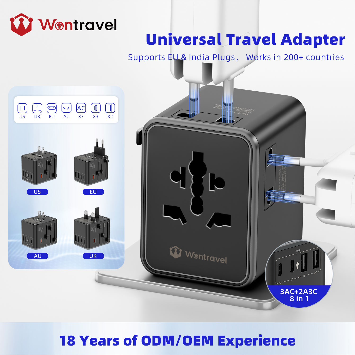 Wontravel Universal Travel Adapter for Laptop Mobile Phone Earphone-2 USB + 2 Type-C Ports Fast Charging International Plug