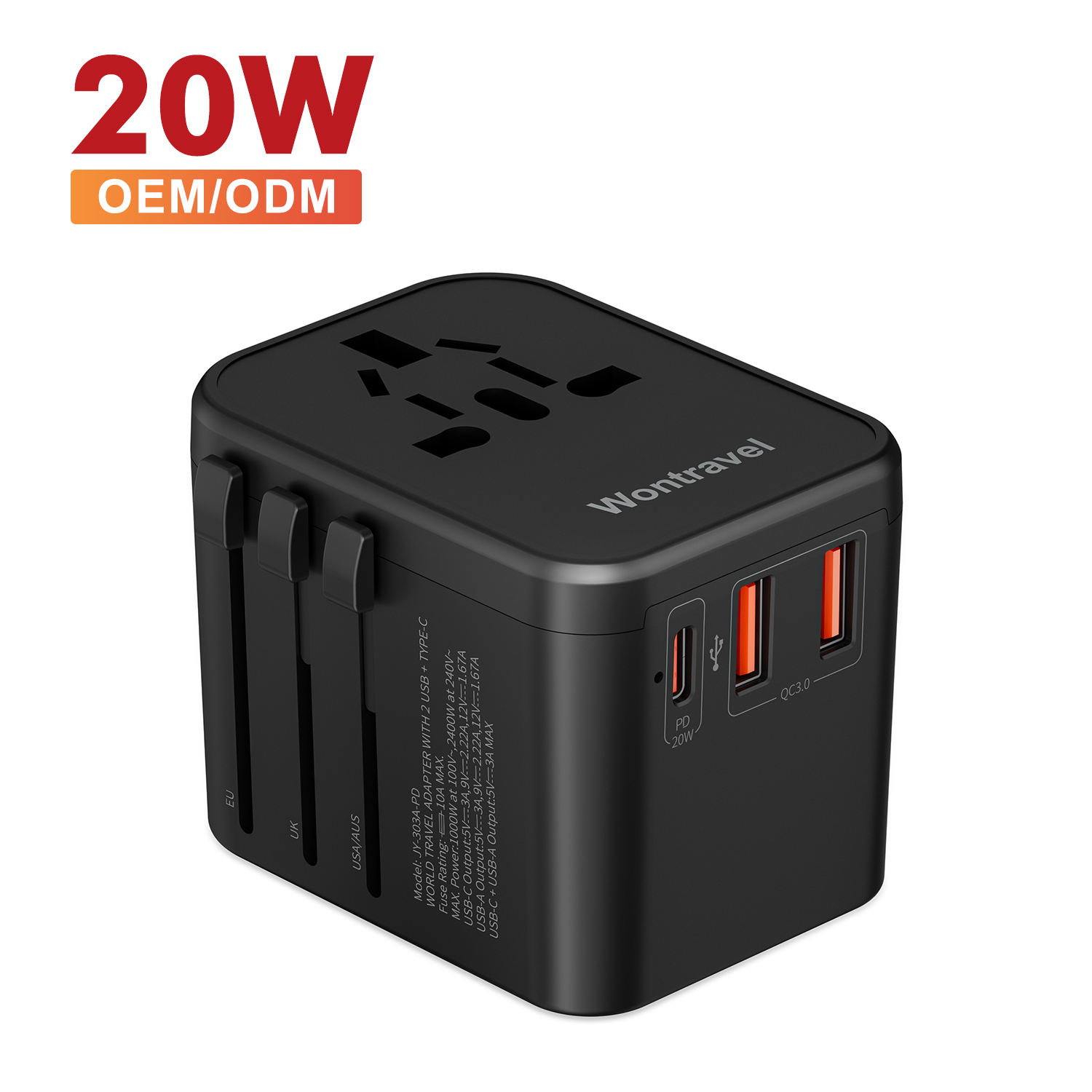 Wontravel 20W PD Quick Charger Universal Travel Adaptor World Plug 3 USB Internationale Travel Adapter All in One