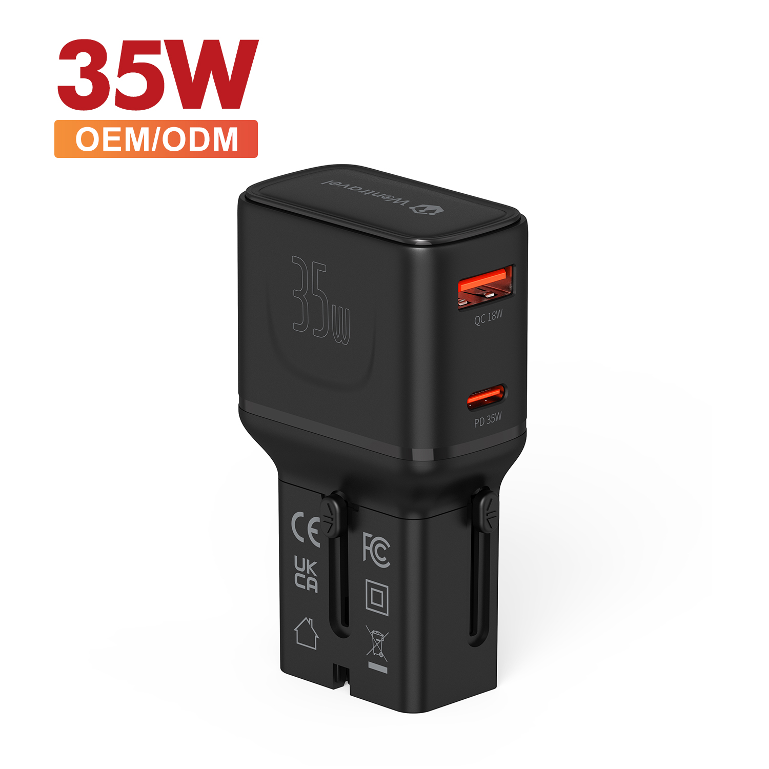 Wontravel 35W GaN Fast Charging Multinational Plug UK EU AU US Portable USB Adapter Socket Travel Adapter With 2 USB Charger