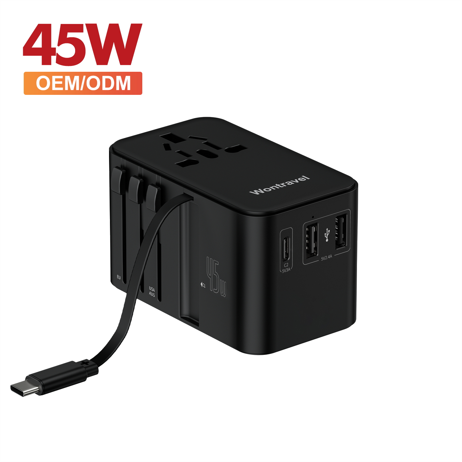 Wontravel 45W PD Type C Fast Charging All in One Global Universal Travel Adapter with Retractable Cable