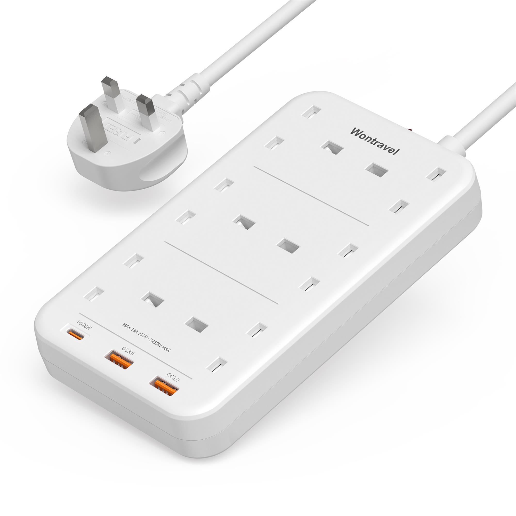 Wontravel 6 way UK power strip socket 3 USB PD 20W quick charging UK extension lead power strip