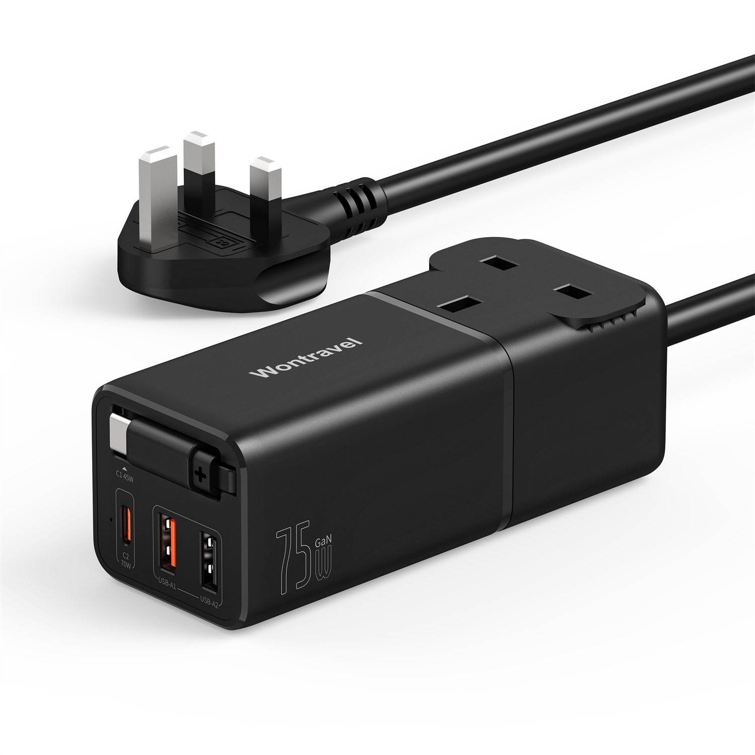 Wontravel EU Version 75W GaN Built-in Retractable Cable Desktop charger