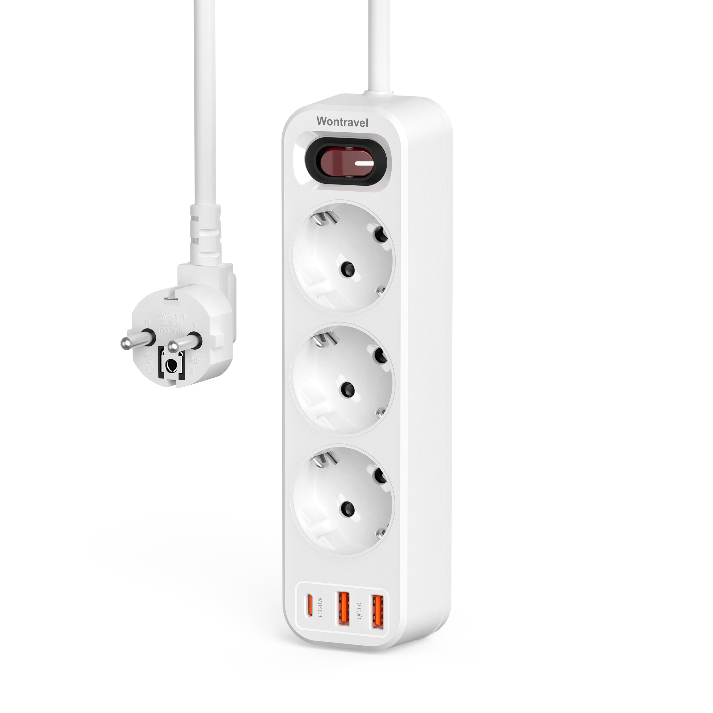 Wontravel EU type 3 outlet extension USB power strip PD 20W power plug socket extension