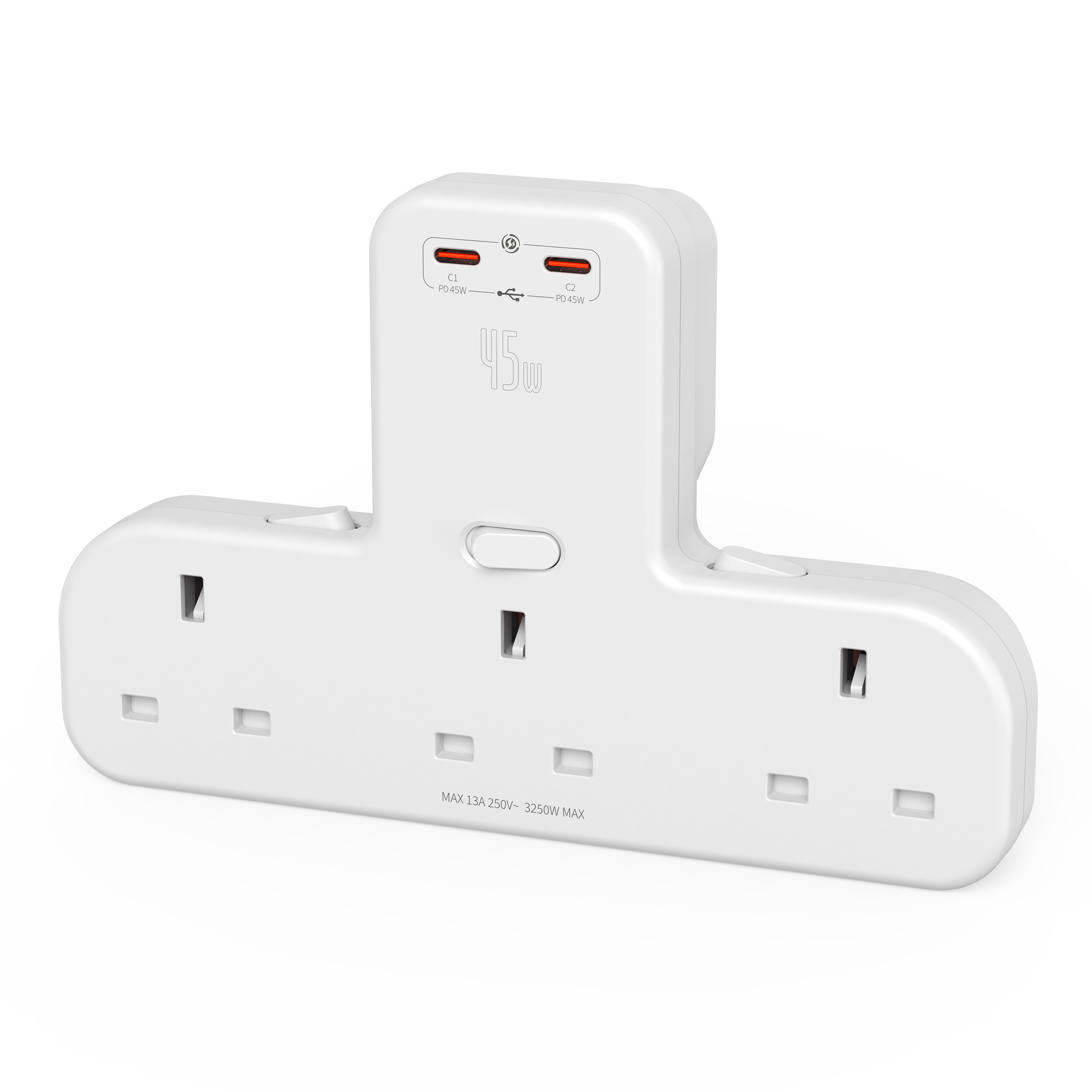 Wontravel Smart Design 45W Fast Charging Dual Type C Wall Socket UK Multi Plug Extension Socket Wall Outlet