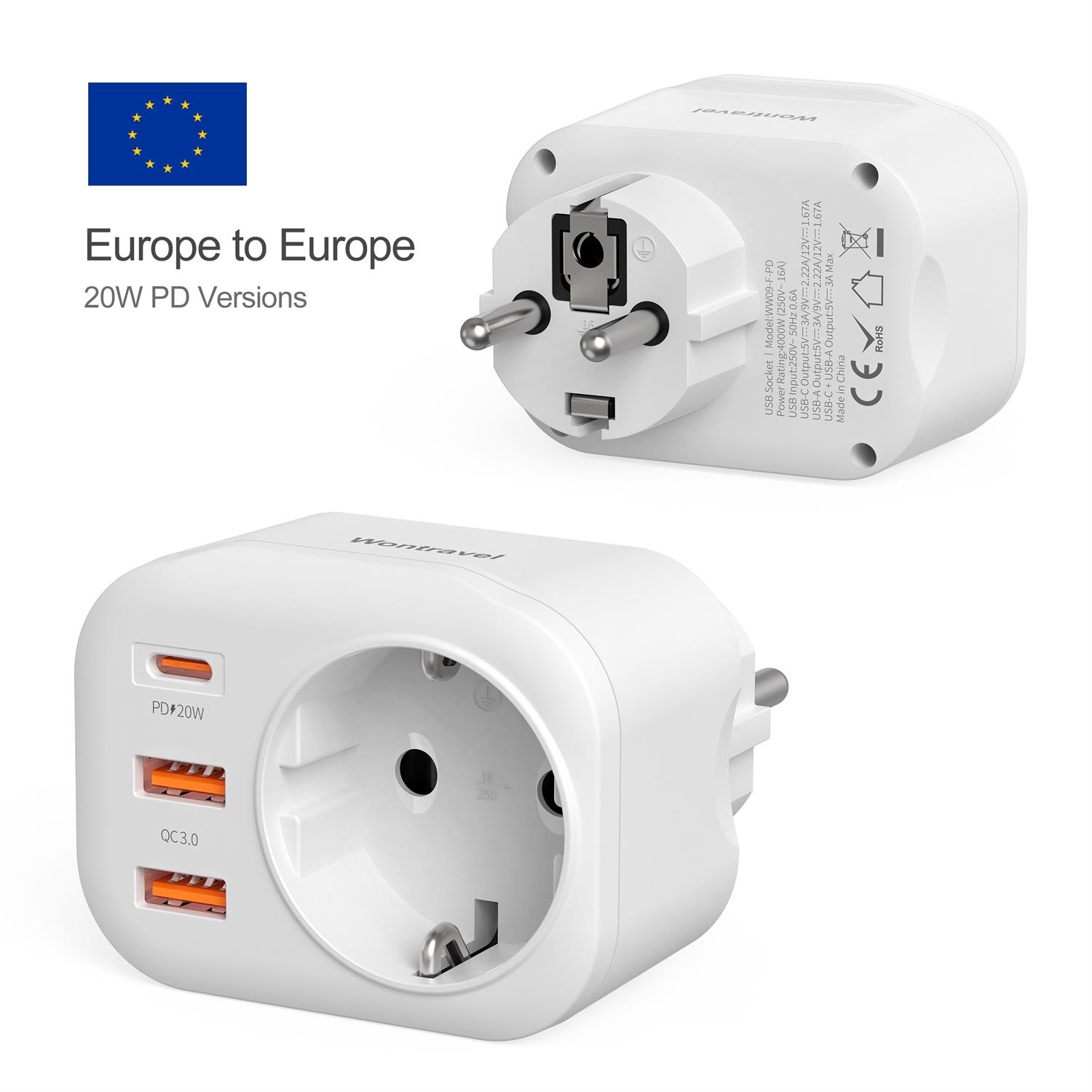 Wontravel 20 PD Own Patent 2 USB Power Strip Surge Protector Outlet Wall Plug Grounded Socket