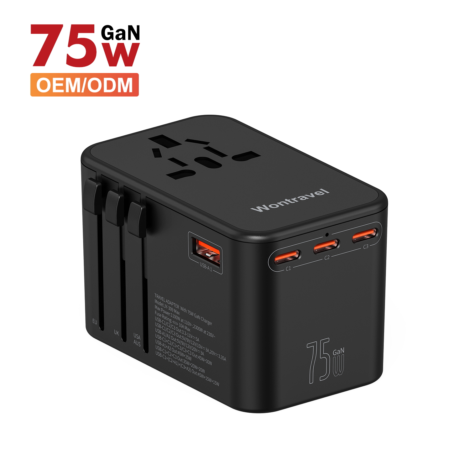 Wontravel EU AUS UK US Plug GAN 75W Dual USB International Universal Plug Adapter Multi Socket World Travel Adapter