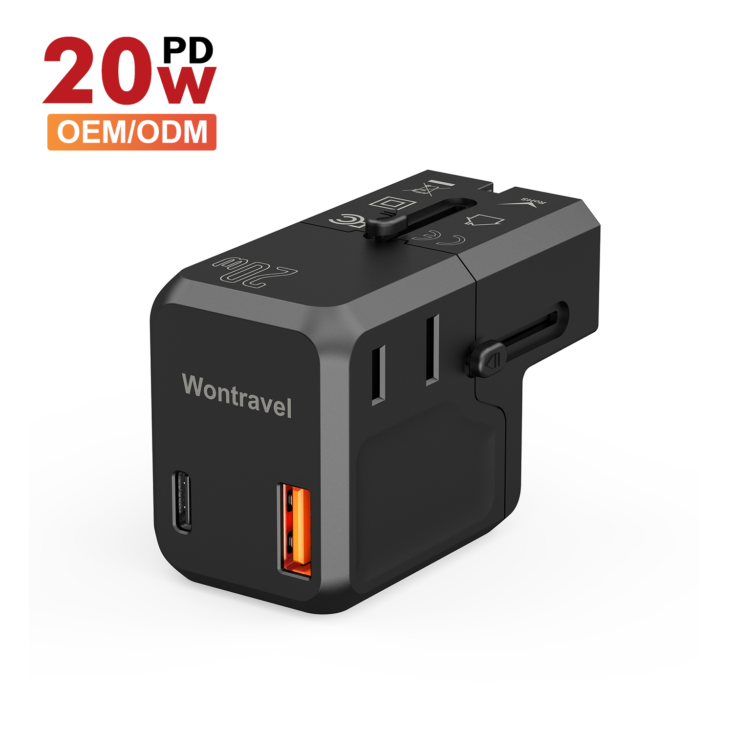 Wontravel 20W PD New Patent Smallest AC Outlet World Multi Plug Adaptor USB Fast Charger Universal Travel Adapter